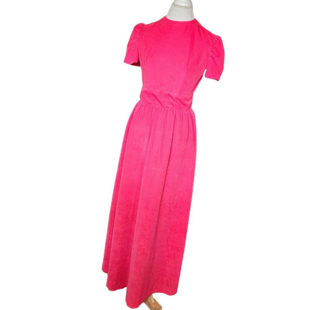 Vintage 60s 70s Barbie Pink Velour Long Dress Floor Length Puff Sleeve 6 8 READ